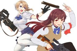 Rule 34 | 2girls, armband, black legwear, blonde girl (itou), blue bow, blue eyes, blue skirt, blunt bangs, bow, breasts, brown eyes, brown hair, bullpup, catching, collared shirt, commentary request, dragunov svd, embers, gloves, gun, hair bow, holding, holding gun, holding weapon, horizontal magazine, itou (onsoku tassha), long hair, long sleeves, looking at another, magazine (weapon), multiple girls, open mouth, original, p90, pantyhose, personal defense weapon, pleated skirt, ponytail, red armband, rifle, school uniform, see-through, shirt, short sleeves, sidelocks, simple background, skirt, smile, sniper rifle, straight hair, submachine gun, sweater vest, thighhighs, tossing, translucent, trigger discipline, v-shaped eyebrows, weapon, white background, white legwear, white shirt