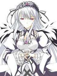 Rule 34 | 00s, 1girl, cowboy shot, dress, expressionless, frilled sleeves, frills, hairband, lolita hairband, long sleeves, looking at viewer, pink eyes, ribi, rozen maiden, silver hair, simple background, solo, suigintou, white background, white dress