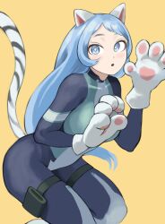 Rule 34 | 1girl, :o, absurdres, animal ears, animal hands, blue bodysuit, blue hair, bodysuit, boku no hero academia, bright pupils, cat ears, cat tail, fengling (furin-jp), gloves, green bodysuit, hadou nejire, hands up, highres, long hair, multicolored bodysuit, multicolored clothes, open mouth, paw gloves, simple background, solo, squatting, superhero costume, tail, thigh strap, white pupils, yellow background