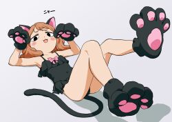 Rule 34 | 1girl, :3, animal ears, animal hands, black eyes, black one-piece swimsuit, blush stickers, casual one-piece swimsuit, cat ears, cat tail, fangs, flat chest, gloves, highres, legs up, light brown hair, looking at viewer, lying, medium hair, on back, one-piece swimsuit, open mouth, original, osame, osame-chan, paw gloves, paw shoes, smile, solo, swimsuit, tail