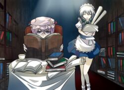 Rule 34 | 2girls, apron, book, bookshelf, bow, braid, closed eyes, closed mouth, commentary request, crescent, crescent hat ornament, cup, glasses, green bow, grey hair, hair bow, hal (goshujinomocha), hat, hat ornament, holding, holding book, holding paper, izayoi sakuya, maid, maid apron, maid headdress, mob cap, multiple girls, on chair, open book, paper, patchouli knowledge, pile of books, plate, purple eyes, purple hair, reading, short hair, sitting, smile, table, teacup, touhou, twin braids, waist apron