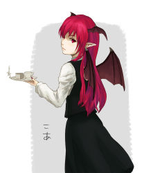 Rule 34 | 1girl, bat wings, beato2528, cake, candle, character name, cup, dress shirt, eyebrows, female focus, fingernails, food, head wings, koakuma, lips, long fingernails, long hair, long sleeves, looking at viewer, looking back, nail polish, plate, pointy ears, red eyes, red hair, shirt, sidelocks, simple background, skirt, skirt set, solo, teacup, touhou, tray, waistcoat, white shirt, wings