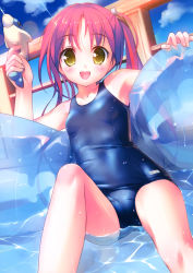 Rule 34 | 1girl, :d, absurdres, blush, cube hair ornament, hair ornament, highres, holding, looking at viewer, one-piece swimsuit, open mouth, original, red hair, school swimsuit, shiny clothes, sitting, smile, solo, swimsuit, takoyaki (roast), water, water gun, wet, wet clothes, yellow eyes