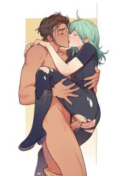 Rule 34 | 1boy, 1girl, adam&#039;s apple, against wall, arms around waist, bare arms, bare legs, bare shoulders, blush, bottomless, brown hair, byleth (female) (fire emblem), byleth (fire emblem), claude von riegan, closed eyes, clothed female nude male, collarbone, completely nude, eyebrows, eyelashes, facial hair, fingernails, fire emblem, fire emblem: three houses, french kiss, green hair, hair between eyes, hand on another&#039;s back, hetero, kabedon, kiss, leg up, long hair, male pubic hair, navir log, nintendo, nude, open mouth, pale skin, pantyhose, penis, pubic hair, pussy, pussy juice, sex, short hair, sideburns, sweat, tan, toned, tongue, topless, topless male, torn clothes, torn legwear, vaginal
