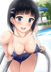 Rule 34 | 1girl, bad id, bad twitter id, beach umbrella, black eyes, black hair, bob cut, breasts, chair, cleavage, commentary request, competition school swimsuit, cowboy shot, dutch angle, hair ornament, hairclip, kirigaya suguha, kusano (torisukerabasu), large breasts, looking at viewer, open mouth, outdoors, pool ladder, round teeth, school swimsuit, short hair, solo, swimsuit, sword art online, teeth, umbrella, upper teeth only