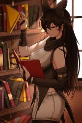 Rule 34 | 1girl, arm ribbon, bare shoulders, black bow, black hair, black pantyhose, black scarf, blake belladonna, book, bookshelf, bow, breasts, closed mouth, coattails, commentary, cowboy shot, detached sleeves, english commentary, grabbing, hair between eyes, hair bow, hand up, highres, holding, holding book, indoors, light rays, long hair, looking at object, medium breasts, midriff peek, moddedjoker, open book, orange eyes, pantyhose, pantyhose under shorts, reading, ribbon, rwby, scarf, shirt, shorts, sidelocks, single detached sleeve, sleeveless, sleeveless shirt, solo, standing, sunbeam, sunlight, vest, white shorts, window