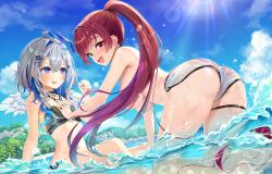 Rule 34 | 2girls, :d, absurdres, all fours, amane kanata, angel wings, beach, blue sky, breasts, cloud, day, flat chest, floating hair, grabbing, grabbing another&#039;s breast, grey hair, heterochromia, high ponytail, highres, hololive, houshou marine, houshou marine (summer), large breasts, long hair, looking at another, looking at viewer, multicolored hair, multiple girls, ocean, open mouth, outdoors, purple eyes, red eyes, red hair, sky, smile, streaked hair, sunlight, thigh strap, thighs, unworn bikini top, very long hair, virtual youtuber, wardrobe malfunction, water, wellsy, wet, wings, yellow eyes