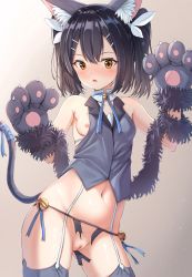 Rule 34 | 1girl, absurdres, animal ear fluff, animal ears, animal hands, bare shoulders, bell, black hair, black panties, blush, cat ears, cat paws, cat tail, clitoris, cowboy shot, dangeroes beast (miyu), fake animal ears, fate/kaleid liner prisma illya, fate (series), garter straps, gloves, hair ornament, hairband, hairclip, highres, jingle bell, looking at viewer, miyu edelfelt, navel, nude filter, open mouth, panties, paw gloves, pussy, solo, tail, thighhighs, third-party edit, torn clothes, torn panties, uncensored, underwear, xue lu, yellow eyes
