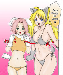 Rule 34 | 2girls, animal ears, animal hands, bare shoulders, bikini, blonde hair, blue eyes, blush, bra, breasts, breasts apart, cameltoe, cleavage, clenched hands, collarbone, dog ears, dog tail, embarrassed, english text, facial mark, facing viewer, fake animal ears, fake dog ears, genderswap, genderswap (mtf), gloves, gradient background, green eyes, grey bikini, grey bra, grey gloves, grey hairband, grey panties, hair ornament, hairband, hands up, haruno sakura, heart, height difference, large breasts, long hair, looking at viewer, midriff, multiple girls, naruko (naruto), naruto, naruto (series), naruto shippuuden, navel, open mouth, orange bikini, orange bra, orange panties, panties, paw gloves, pink background, pink hair, sakunyu, sexy no jutsu, short hair, shouting, side-tie bikini bottom, side-tie panties, small breasts, speech bubble, spoken heart, standing, sweat, sweatdrop, swimsuit, tail, talking, tankini, tongue, twintails, underwear, uzumaki naruto, whisker markings, whiskers, white gloves, white hairband