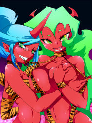 Rule 34 | 10s, 2girls, animal print, bikini, blue hair, breasts, cleavage, colored skin, demon girl, elbow gloves, fang, glasses, gloves, grabbing, grabbing another&#039;s breast, green eyes, green hair, grin, horns, incest, kneesocks (psg), large breasts, long hair, mouth hold, multiple girls, nabe (ingenmame), navel, open mouth, panty &amp; stocking with garterbelt, pointy ears, ponytail, red skin, scanty (psg), siblings, simple background, sisters, small breasts, smile, string bikini, swimsuit, tiger print, tongue, very long hair, yuri