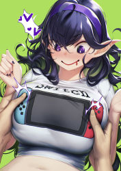 Rule 34 | !?, 1boy, 1girl, 20s, black nails, blouse, blueorca, blush, breasts, creatures (company), drooling, english text, game freak, grabbing, grabbing another&#039;s breast, green background, groping, hairband, hands up, hetero, hex maniac (pokemon), highres, large breasts, logo, long hair, looking down, matching hair/eyes, nail polish, navel, nintendo, nintendo switch, pointy ears, pokemon, pokemon xy, pov, purple eyes, purple hair, purple hairband, ringed eyes, shirt, short sleeves, simple background, smile, solo focus, stomach, sweat, t-shirt, upper body, white shirt