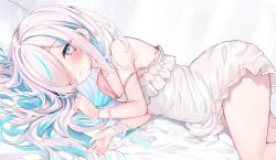 Rule 34 | 1girl, aqua hair, bare shoulders, bed sheet, blue eyes, dress, eip (pepai), facial mark, frilled dress, frills, grey hair, hair ornament, hair over one eye, heart, heart facial mark, ilu fluor, indie virtual youtuber, long hair, looking at viewer, lying, multicolored hair, on side, simple background, sleeveless, sleeveless dress, solo, streaked hair, two-tone hair, virtual youtuber, white dress