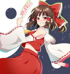 Rule 34 | 1girl, bare shoulders, blush, bow, brown hair, detached sleeves, grin, hakurei reimu, happy, holding ofuda, long sleeves, looking at viewer, looking back, midriff, ofuda, ponytail, red bow, red eyes, red ribbon, red shirt, red skirt, ribbon, ribbon-trimmed sleeves, ribbon trim, shirt, short hair, simple background, skirt, skirt set, smile, solo, tanaka shoushou fumimaro, touhou, white sleeves, wide sleeves, yin yang