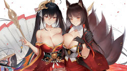 Rule 34 | 2girls, absurdres, ahoge, akagi (azur lane), animal ear fluff, animal ears, azur lane, bare shoulders, black gloves, black hair, black kimono, blunt bangs, breast press, breasts, choker, cleavage, cleavage cutout, clothing cutout, cocktail dress, collarbone, commentary request, cowboy shot, crossed bangs, cup, dress, drinking glass, duan henglong, eyeliner, eyeshadow, fox ears, fox girl, fox mask, fox tail, gloves, hair between eyes, hand on own chest, highres, huge breasts, japanese clothes, kimono, long hair, long sleeves, looking at viewer, makeup, mask, mask on head, multiple girls, multiple tails, obi, parted lips, pink lips, red choker, red eyes, red kimono, sash, symmetrical docking, taihou (azur lane), tail, very long hair, wide sleeves