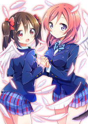 Rule 34 | 10s, 2girls, :d, bad id, bad pixiv id, blazer, blush, bow, breasts, brown hair, fang, feathered wings, feathers, hair bow, holding hands, jacket, kurou (quadruple zero), looking at viewer, love live!, love live! school idol project, medium breasts, multiple girls, nishikino maki, open mouth, pink hair, plaid, plaid skirt, purple eyes, red eyes, school uniform, short hair, skirt, smile, twintails, wings, yazawa nico