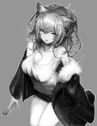 Rule 34 | 1girl, absurdres, animal ears, arknights, breasts, candy, cleavage, commentary, cowboy shot, food, fur-trimmed jacket, fur trim, furrowed brow, gnggp, grey background, greyscale, hair between eyes, highres, holding, holding candy, holding food, holding lollipop, jacket, large breasts, lion ears, lollipop, long hair, looking at viewer, monochrome, off shoulder, open clothes, open jacket, open mouth, outline, short shorts, shorts, siege (arknights), solo, studded choker, tank top, teeth, upper teeth only