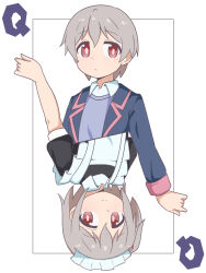 Rule 34 | 1boy, blue jacket, commentary, crossdressing, grey hair, hair bobbles, hair ornament, highres, jacket, long sleeves, looking at viewer, maid, maid headdress, multiple views, namari siro, onii-chan wa oshimai!, open clothes, open jacket, queen (playing card), red eyes, school uniform, senkawa minato, short sleeves, side ponytail, simple background, trap, white background, wing collar