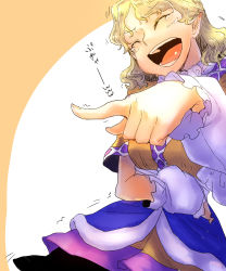 Rule 34 | 1girl, bakuya, blonde hair, breast hold, breasts, closed eyes, foreshortening, highres, laughing, mizuhashi parsee, open mouth, pointing, pointing at viewer, pointy ears, shirt, short hair, simple background, solo, tears, text focus, touhou, translation request