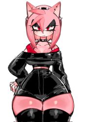 Rule 34 | amy rose, bare shoulders, blush, breasts, choker, cleavage, crop top, ear piercing, eyeshadow, frown, furry, furry female, hairband, hand on own hip, hedgehog, hedgehog ears, hedgehog girl, highres, large breasts, latex, looking at viewer, makeup, medium hair, midriff, off shoulder, piercing, pink fur, pink hair, quill, red eyes, scowl, sonic (series), spiked choker, spiked hairband, spikes, thick thighs, thighhighs, thighs, usa37107692, wide hips, zettai ryouiki