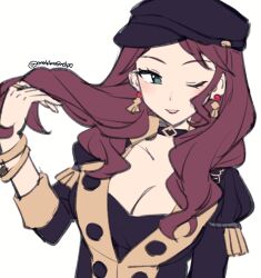 Rule 34 | 1girl, black choker, black hat, blush, breasts, brown hair, buttons, cabbie hat, choker, cleavage, commentary, do m kaeru, dorothea arnault, earrings, fire emblem, fire emblem: three houses, garreg mach monastery uniform, hat, jewelry, large breasts, long hair, looking at viewer, nintendo, one eye closed, simple background, smile, solo, symbol-only commentary, twitter username, uniform, wavy hair, white background