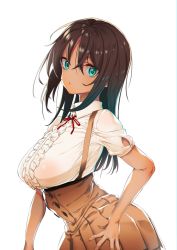 Rule 34 | 1girl, alice gear aegis, breasts, brown hair, buttons, dark skin, dark-skinned female, eyebrows hidden by hair, green eyes, highres, kaneshiya sitara, large breasts, looking at viewer, open mouth, red ribbon, ribbon, school uniform, shingo., simple background, solo, white background