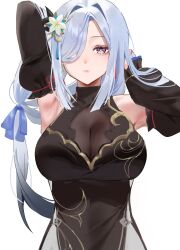 Rule 34 | 1girl, absurdres, arm up, armpits, black dress, blue ribbon, breasts, commentary, detached sleeves, dress, educk, genshin impact, grey eyes, hair intakes, hair ornament, hair over one eye, hand up, highres, large breasts, long hair, long sleeves, looking at viewer, low-tied long hair, official alternate costume, ribbon, shenhe (frostflower dew) (genshin impact), shenhe (genshin impact), simple background, sleeveless, sleeveless dress, solo, upper body, very long hair, white background, white hair