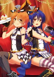 Rule 34 | 10s, 2girls, :3, :d, alternate eye color, blue flower, blue hair, blue rose, cafe maid (love live!), cake, cake slice, chain, cross-laced footwear, earrings, flower, food, fruit, gloves, hat, highres, hoshizora rin, jewelry, licking lips, long hair, looking at viewer, love live!, love live! school idol festival, love live! school idol project, microphone, mini hat, mini top hat, miniskirt, multiple girls, musical note, nachiku, necktie, one-piece swimsuit, open mouth, orange hair, red eyes, rose, shirt, short hair, sitting, skirt, sleeveless, sleeveless shirt, smile, sonoda umi, strawberry, strawberry shortcake, striped clothes, striped legwear, striped one-piece swimsuit, striped thighhighs, swimsuit, thighhighs, tongue, tongue out, top hat, treble clef, vertical-striped clothes, vertical-striped legwear, vertical-striped thighhighs, very long hair, very short hair, wrist cuffs, yellow eyes