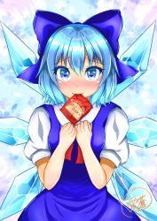 Rule 34 | 1girl, blue background, blue bow, blue dress, blue eyes, blue hair, blush, bow, breasts, cirno, cowboy shot, dress, hair between eyes, hair bow, heart, heart-shaped pupils, highres, ice, ice wings, looking at viewer, medium hair, mouth hold, nose blush, package, pinafore dress, pomme 813, puffy short sleeves, puffy sleeves, shirt, short sleeves, sleeveless dress, small breasts, solo, symbol-shaped pupils, touhou, white shirt, wings