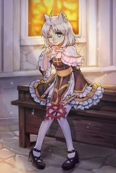 Rule 34 | 1girl, :3, ahoge, animal ears, arch bishop (ragnarok online), black footwear, bow, breasts, brown dress, buubuu (loli69), cat ears, chinese commentary, cleavage cutout, closed mouth, clothing cutout, commentary request, crosier, cross, dress, dress bow, frilled dress, frilled sleeves, frills, full body, green eyes, high heels, holding, holding staff, indoors, looking at viewer, official alternate costume, one eye closed, pelvic curtain, pew, ragnarok online, sash, short hair, small breasts, smile, solo, staff, stone floor, thighhighs, two-tone dress, white dress, white hair, white thighhighs, yellow bow, yellow sash