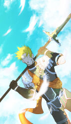 Rule 34 | 1boy, achilles (fate), armor, blue sky, closed eyes, fate/grand order, fate (series), gauntlets, grin, holding, holding polearm, holding weapon, macha@meshi, male focus, orange sash, polearm, short hair, shoulder armor, sky, smile, solo, weapon