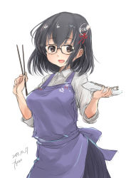 Rule 34 | 1girl, apron, artist name, bespectacled, black hair, black skirt, brown eyes, chopsticks, cowboy shot, dated, dress shirt, fyuo, glasses, haguro (kancolle), hair ornament, highres, kantai collection, long sleeves, looking at viewer, plate, pleated skirt, purple apron, shirt, short hair, simple background, skirt, sleeves rolled up, smile, solo, white background, white shirt