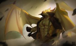 Rule 34 | 1boy, abs, absurdres, bara, bare pectorals, blurry, blurry background, brown pants, brown shirt, cowboy shot, dilukha (nyaalgebra), dragon boy, dragon horns, dragon wings, from below, furry, furry male, highres, horns, huge filesize, large pectorals, looking at viewer, looking down, male focus, monster boy, muscular, muscular male, navel, open clothes, open pants, open shirt, ophion (housamo), pants, pectorals, sandstorm, scales, shirt, short hair, solo, spread wings, stomach, suspenders, tokyo houkago summoners, wings, yellow scales