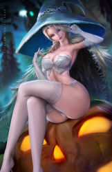 Rule 34 | 1girl, bare shoulders, blonde hair, blue eyes, blurry, blurry background, braid, braided ponytail, breasts, bustier, cape, crossed legs, dutch angle, elbow gloves, elsa (frozen), felox08, frozen (disney), fur cape, gloves, hair over shoulder, halloween, jack-o&#039;-lantern, large breasts, long hair, night, panties, red lips, single braid, sitting, smile, solo, thighhighs, underwear, watermark, web address, white gloves, white panties, white thighhighs