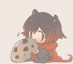 Rule 34 | 1girl, animal ears, boots, cape, chibi, cookie, eating, food, hamster ears, rapop, ruby rose, rwby, short hair, simple background, solo