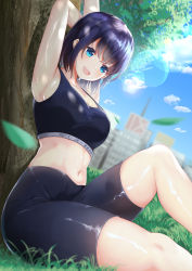 Rule 34 | 1girl, :d, absurdres, against tree, armpits, arms behind head, arms up, bike shorts, black shorts, black sports bra, blurry, blush, breasts, dappled sunlight, day, depth of field, dripping, dutch angle, grass, head tilt, highres, kdu, knee up, lens flare, midriff, moe2021, navel, on ground, open mouth, original, outdoors, purple hair, shade, shiny skin, short hair, shorts, sitting, sleeveless, smile, solo, sports bra, sunlight, sweat, thighs, tree