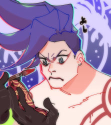 Rule 34 | 1boy, applying makeup, asymmetrical hair, blue hair, compact (cosmetics), concentrating, eyeliner, galo thymos, gloves, highres, jonya, makeup, makeup brush, male focus, promare, sidecut, solo, spiked hair, undercut