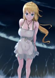 Rule 34 | 1girl, absurdres, arms behind back, bare shoulders, beach, blonde hair, blue eyes, blurry, breasts, caustics, collarbone, covered navel, dark, depth of field, dress, frilled dress, frills, from above, highres, jewelry, large breasts, long hair, looking at viewer, moonlight, night, original, outdoors, pendant, ribbon, see-through, see-through silhouette, sleeveless, sleeveless dress, smile, solo, standing, water, waves, white dress, wind, wrist flower, yuyuyi
