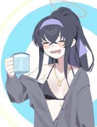 Rule 34 | 1girl, bikini, black bikini, black hair, blanchat, blue archive, blue hairband, blush stickers, closed eyes, cup, flat chest, gold necklace, grey sweater, hairband, halo, highres, holding, holding cup, jewelry, long hair, necklace, off shoulder, ponytail, smile, solo, sweater, swimsuit, ui (blue archive), ui (swimsuit) (blue archive), wavy mouth