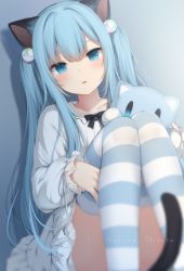 Rule 34 | 1girl, amashiro natsuki, animal ears, black bow, blue eyes, blue hair, blurry, blurry foreground, blush, bow, cat ears, cat girl, cat tail, character name, collarbone, commentary request, depth of field, dress, hair between eyes, highres, holding, holding stuffed toy, knees up, long hair, long sleeves, looking at viewer, nekoha shizuku, original, parted lips, puffy long sleeves, puffy sleeves, ribbon, sidelocks, sitting, sleeves past wrists, solo, striped clothes, striped thighhighs, stuffed animal, stuffed cat, stuffed toy, tail, thighhighs, twintails, very long hair, white dress, white ribbon