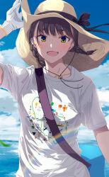 Rule 34 | 1girl, :d, arm up, bag, black hair, blue eyes, blue sky, blush, braid, cloud, cloudy sky, commentary, day, english commentary, gloves, highres, hiwatari rin, looking at viewer, open mouth, original, outdoors, shirt, short eyebrows, short sleeves, shoulder bag, sky, smile, solo, thick eyebrows, twin braids, twintails, water, white gloves, white shirt