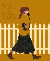 Rule 34 | 1girl, antique phone, blending, brown footwear, corded phone, english text, fence, highres, holding, holding phone, long skirt, long sleeves, open mouth, original, phone, plaid, plaid skirt, profile, red socks, rotary phone, shirt, shoes, signature, simple background, skirt, socks, solo, syooooyoooo, yellow background, yellow shirt