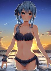 Rule 34 | 1girl, absurdres, bare arms, bare shoulders, bikini, blue bikini, blue eyes, blue hair, blue ribbon, blush, bracelet, breasts, closed mouth, cloud, comet, cowboy shot, hair ribbon, highres, hololive, hoshimachi suisei, jewelry, long hair, looking at viewer, navel, outdoors, pepushi drow, revision, ribbon, side ponytail, sky, small breasts, smile, solo, standing, star (sky), star (symbol), stomach, sunset, swimsuit, teeth, upper teeth only, virtual youtuber, water, wet, wrist cuffs