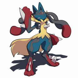 Rule 34 | 10s, bad id, bad pixiv id, body fur, creatures (company), fang, full body, furry, game freak, gen 4 pokemon, looking at viewer, lucario, mega lucario, mega pokemon, nintendo, pokemon, pokemon (creature), pokemon xy, red eyes, shadow, simple background, solo, standing, white background