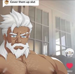 Rule 34 | 1boy, bara, beard, blue eyes, chest hair, cookie run, cover them up slut (meme), dark-skinned male, dark skin, facial hair, heart, kaido (62145659), large pectorals, looking at viewer, male focus, manly, mature male, meme, muscular, muscular male, nipples, pectorals, scar, scar on face, tea knight cookie, text focus, thick eyebrows, topless male, white hair