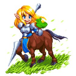 Rule 34 | 1girl, armor, bird, bird on hand, blonde hair, blue eyes, centaur, full body, gauntlets, grass, holding, holding lance, holding polearm, holding weapon, lance, falling leaves, making-of available, open mouth, original, outdoors, pixel art, pixelflag, pointy ears, polearm, sidelocks, smile, solo, taur, weapon, wind