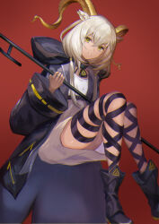Rule 34 | 1girl, animal ears, arknights, beeswax (arknights), brown eyes, dark skin, dress, goat ears, goat girl, goat horns, highres, holding, holding weapon, hood, hood down, horns, infection monitor (arknights), jacket, long sleeves, looking at viewer, open clothes, open jacket, red background, short hair, simple background, sitting, skindentation, smile, solo, teeth, touchika, weapon, white dress, white hair