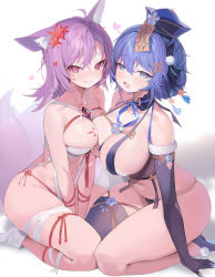 Rule 34 | 2girls, absurdres, animal ears, arms between legs, bandaged leg, bandages, bare shoulders, between breasts, blue eyes, blue hair, blue panties, body markings, breast press, breasts, chest jewel, chinese hat, cleavage, elbow gloves, fox ears, fox girl, gloves, gogoco, hair ornament, highres, kneeling, large breasts, licking, licking lips, looking at viewer, multiple girls, naughty face, navel, open mouth, original, panties, purple eyes, purple hair, red panties, revealing clothes, sarashi, seiza, single thighhigh, sitting, skindentation, thick thighs, thighhighs, thighs, tongue, tongue out, underwear