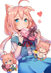 Rule 34 | 3girls, :d, ^ ^, ahoge, animal ear fluff, animal ears, bike shorts, blue eyes, blue skirt, blush, box, brown shorts, cat ears, chibi, closed eyes, closed mouth, commentary request, covered mouth, food, gift, gift box, hair between eyes, hair bobbles, hair ornament, heart, heart-shaped box, hinata channel, holding, holding gift, holding plate, holding spoon, long hair, low twintails, mini person, minigirl, multiple girls, neck ribbon, nekomiya hinata, open mouth, pink hair, plate, pudding, red ribbon, ribbon, rk (rktorinegi), shirt, short shorts, short sleeves, shorts, simple background, sitting, skirt, smile, spoon, striped clothes, striped legwear, striped thighhighs, suspender skirt, suspenders, tank top, thighhighs, twintails, valentine, very long hair, virtual youtuber, white background, white footwear, white shirt