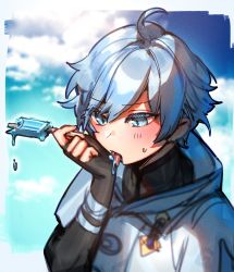 Rule 34 | 1boy, ahoge, blue background, blue eyes, blue hair, blue sky, border, chongyun (genshin impact), day, food, genshin impact, highres, holding, licking, licking hand, long sleeves, male focus, mirin chikuwa, outside border, popsicle, sky, solo, tongue, tongue out, upper body, white border