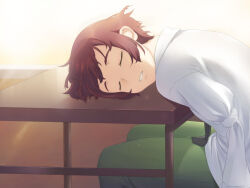 1girl amputee armless_amputee artist_request black_necktie closed_eyes desk double_amputee game_cg green_pants katawa_shoujo necktie non-web_source official_art pants red_hair school_uniform shirt short_hair sleeping sleeping_on_desk solo tezuka_rin very_short_hair white_shirt yamaku_high_school_uniform